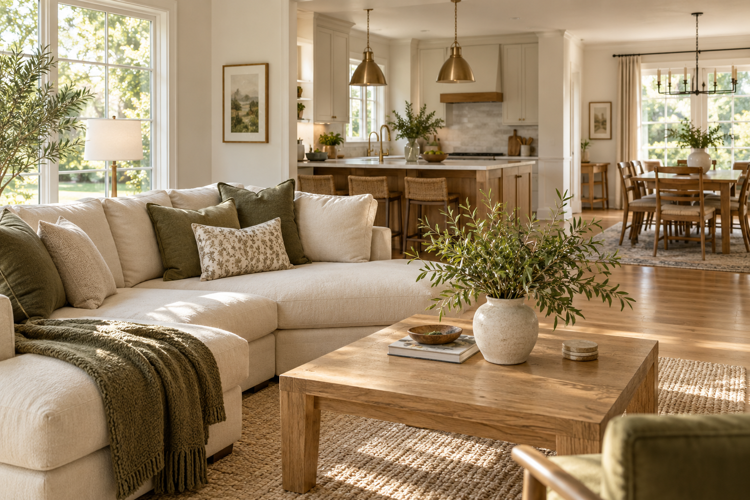 An illustrative sunlit living room with olive textiles and an orderly oak kitchen