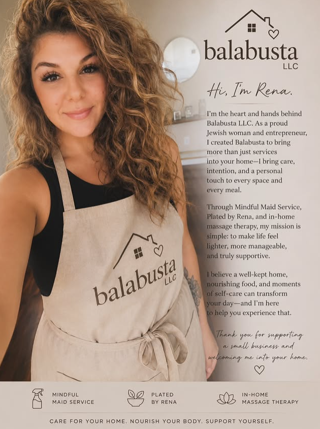 Rena wearing her Balabusta LLC apron